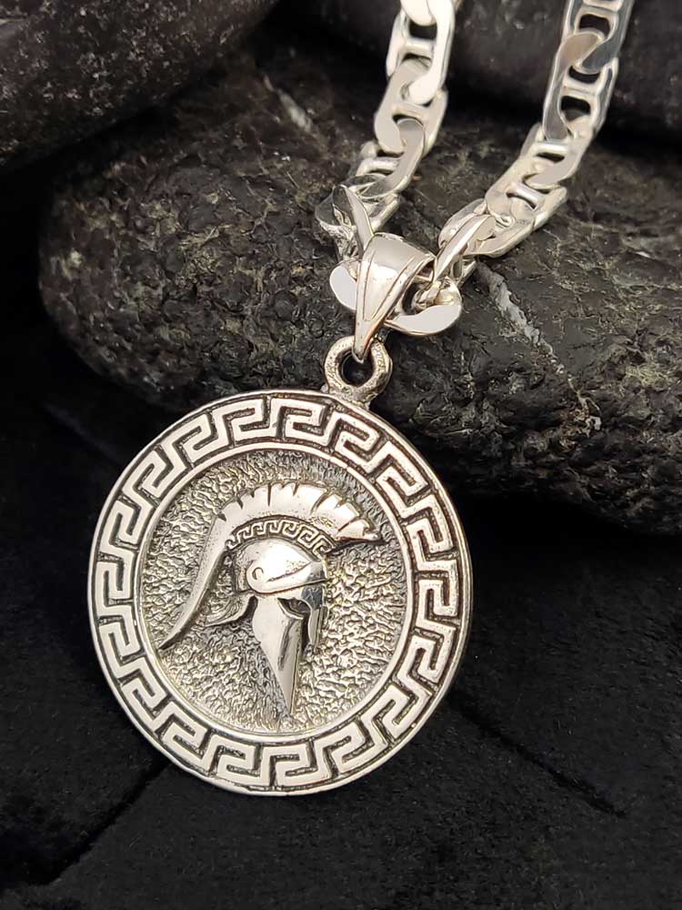 Sterling Silver 925 Theta Chain (5mm) paired with an Ancient Greek Helmet pendant, available as a set or separately.
