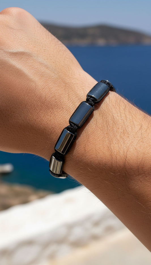 Hematite Stone Shamballa Macrame Bracelet – Handmade Adjustable Black Cord