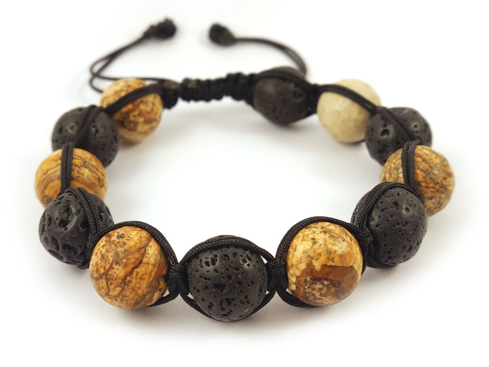 Handmade lava and brown jasper Shamballa bracelet on black cord