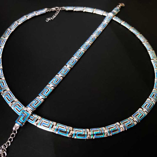 Greek Key Blue Opal Silver Bracelet Necklace Jewelry Set