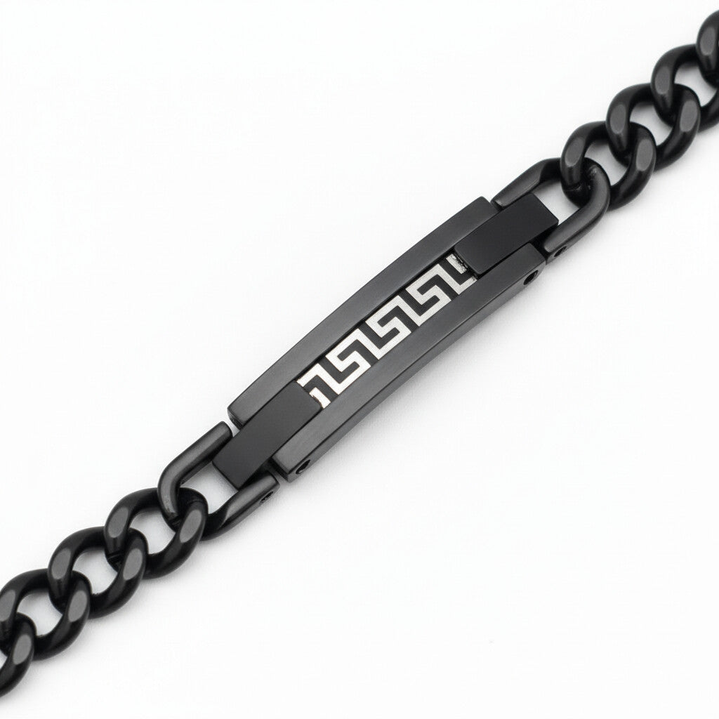 Black and silver stainless steel Greek key meander bracelet close-up