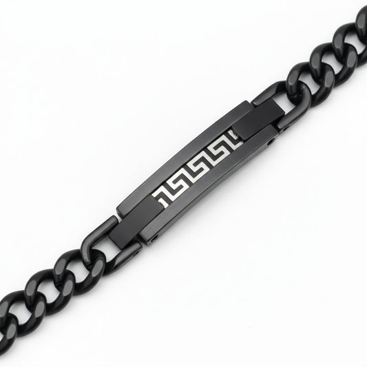 Black and silver stainless steel Greek key meander bracelet close-up