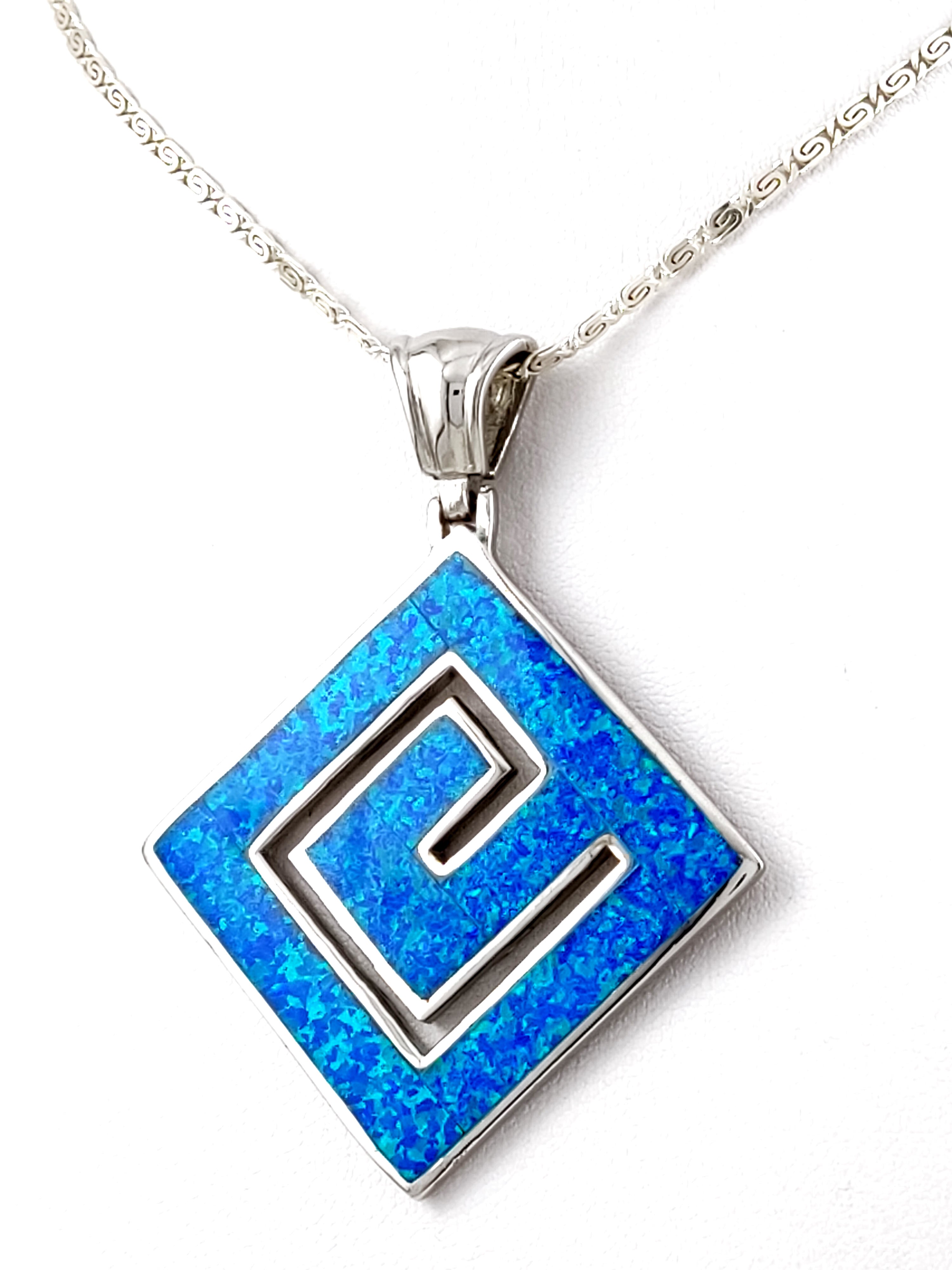 Greek Key Big Square Blue Opal Pendant Necklace From Greece Sirioti Jewelry