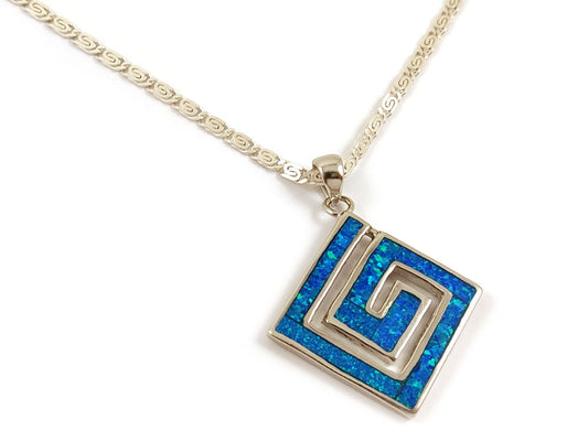 Sterling Silver 925 Blue Opal Greek Spiral Pendant, 20x20mm, on a 2mm Greek Meander Infinity chain, made in Greece.