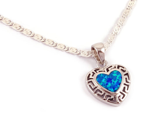 Greek Key Blue Opal Silver Heart Pendant Necklace 15mm