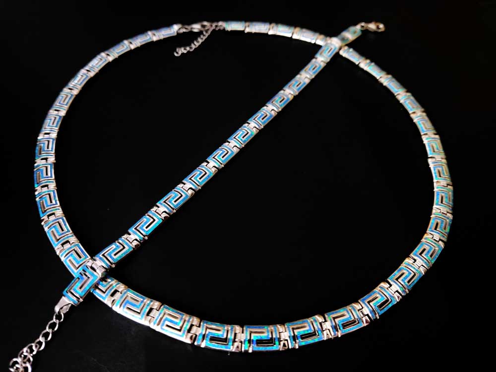 Greek Sterling Silver 925 Jewelry Set with Fire Rainbow Blue Opal Stones - Necklace and Bracelet - Adjustable Lengths - Modern Curved Design - Made in Greece - Free Shipping