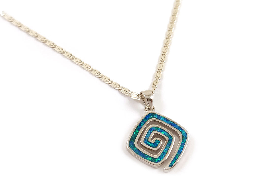 Greek Key blue opal silver pendant chain necklace from Greece.