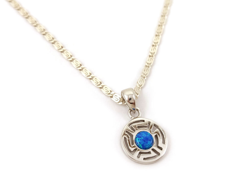 Greek Key Blue Opal Chain Pendant Necklace 13mm