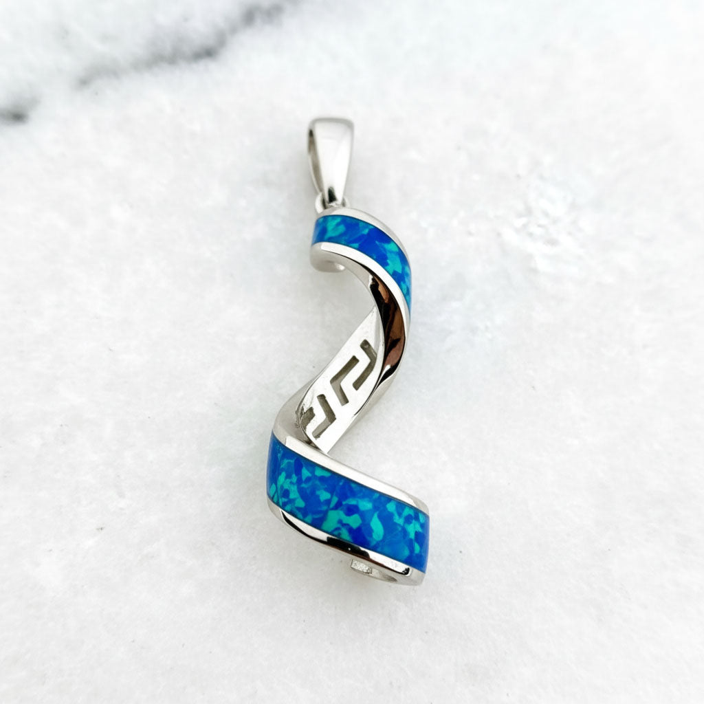 Handcrafted Greek Key pendant with blue opal, sterling silver 925