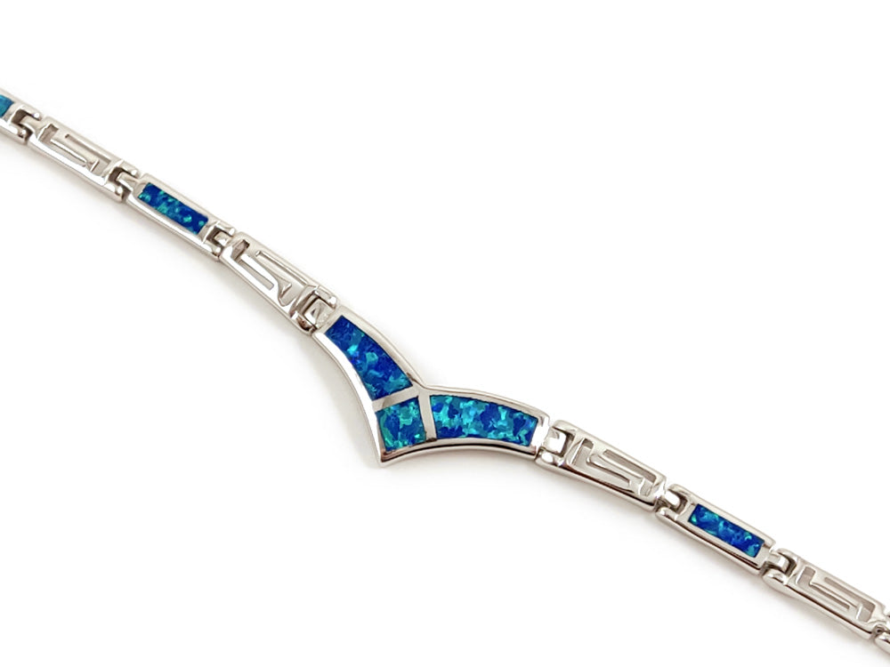 Blue opal-studded sterling silver 925 bracelet with Greek key design. Adjustable length 19-21 cm, width 3-8 mm. Made in Greece with free worldwide shipping.