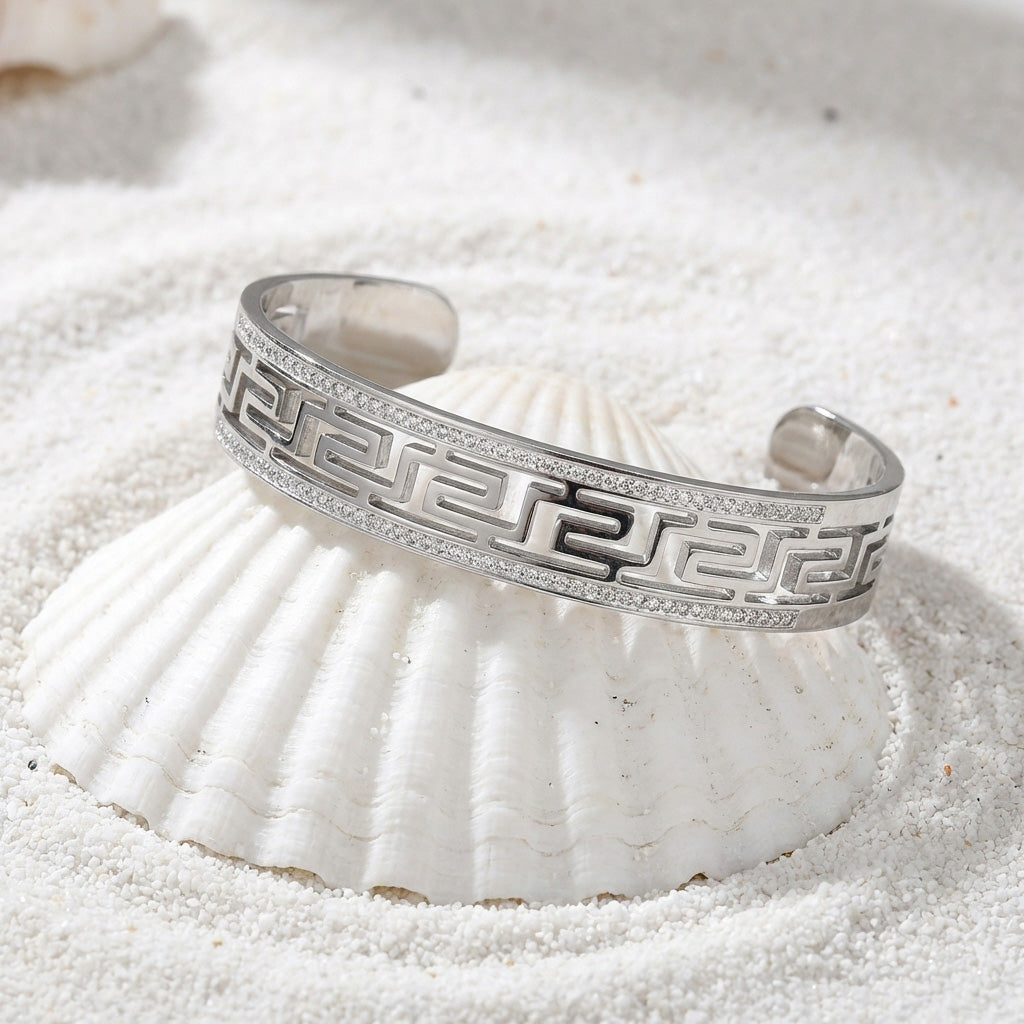Greek Key stainless steel cuff bracelet with CZ