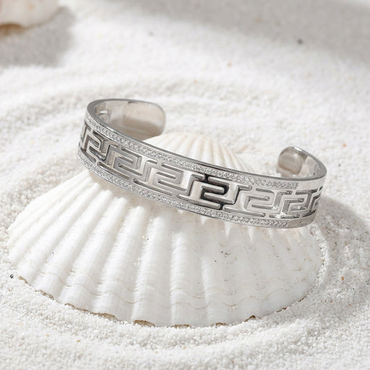 Greek Key stainless steel cuff bracelet with CZ