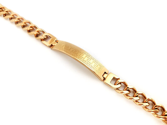 "Gold-plated Greek Key stainless steel bracelet on white background – 22 cm length"
