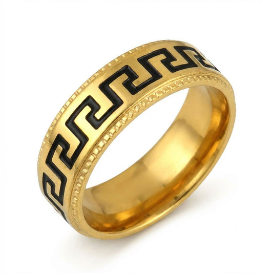 Greek Key spinner ring gold black stainless steel