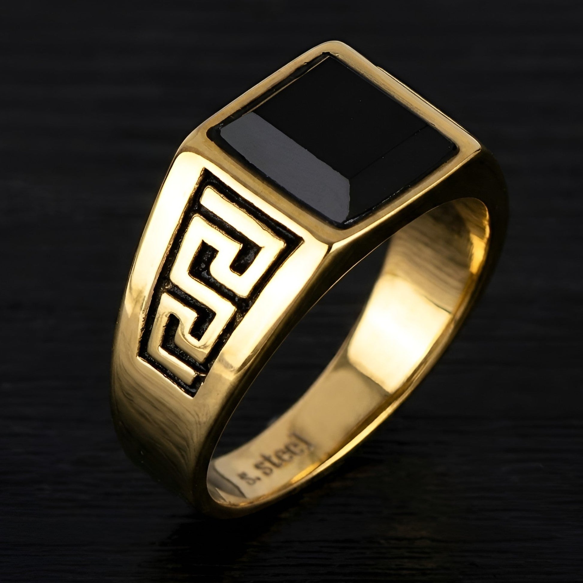 Stainless steel black onyx ring with Greek Key Meander design
