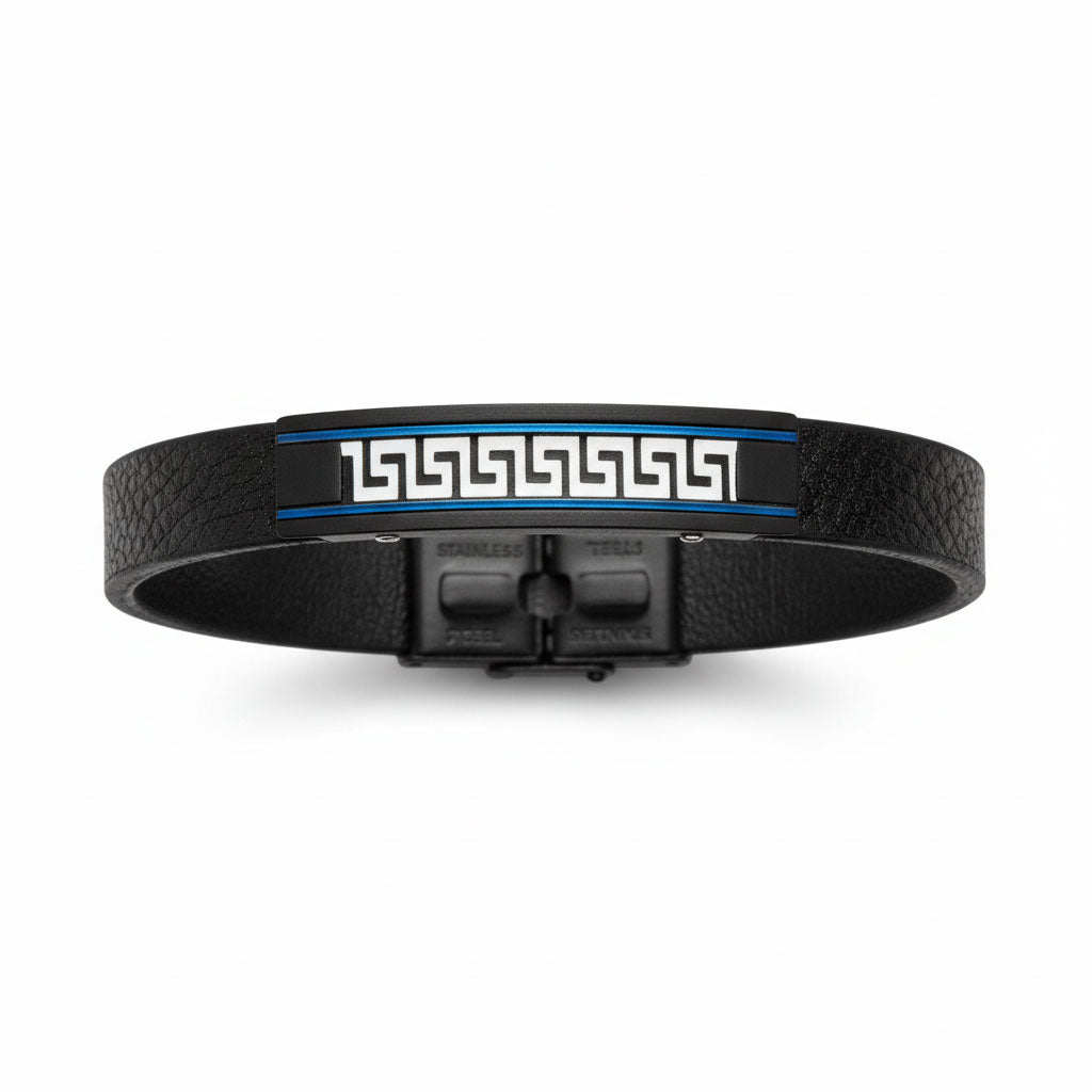 Men’s stainless steel and black leather bracelet silver black blue made in Greece