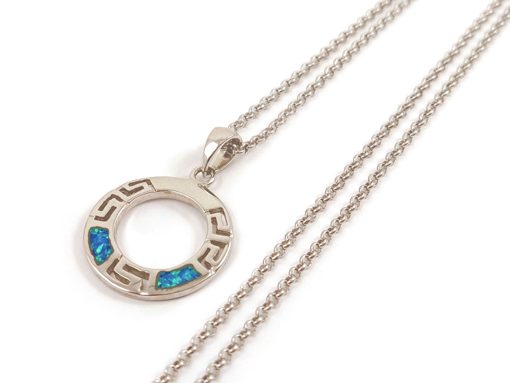 Close-up of Sterling Silver 925 Greek Key Meander Blue Opal Pendant with 2mm chain, hallmark 925.
