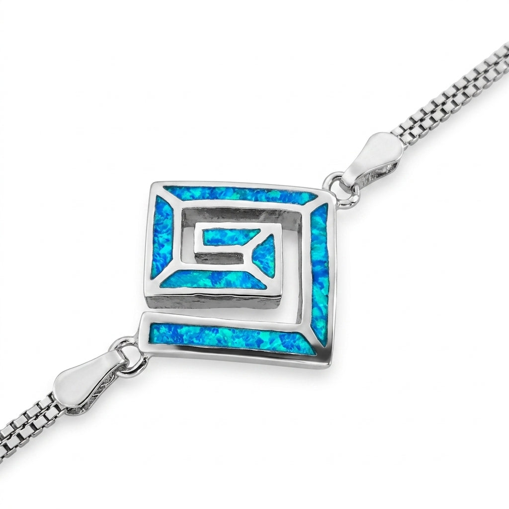 Sterling silver 925 blue opal double chain bracelet Greek key design