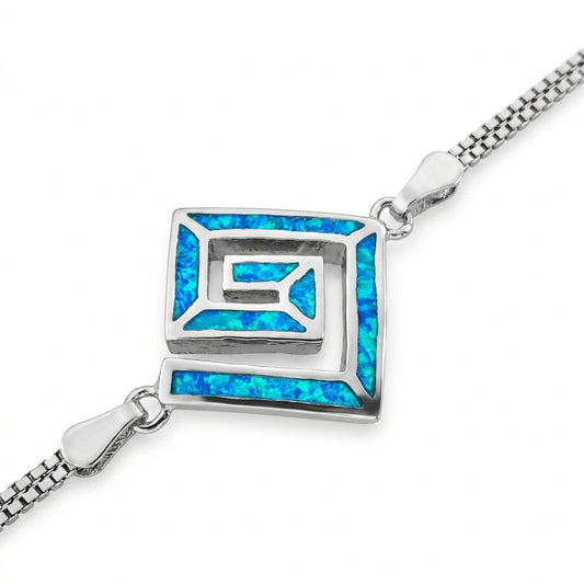 Sterling silver 925 blue opal double chain bracelet Greek key design