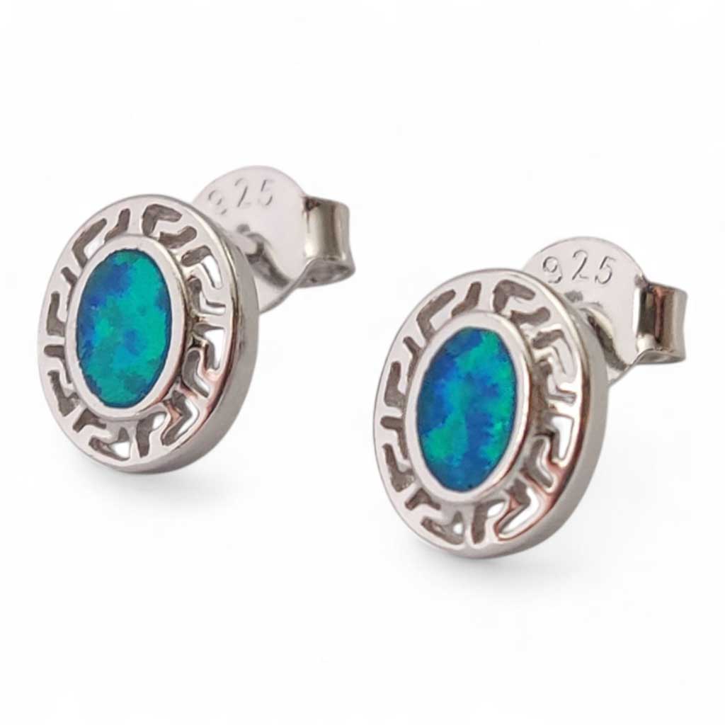 Greek Key Blue Opal Small Oval Silver Earrings 10x8mm