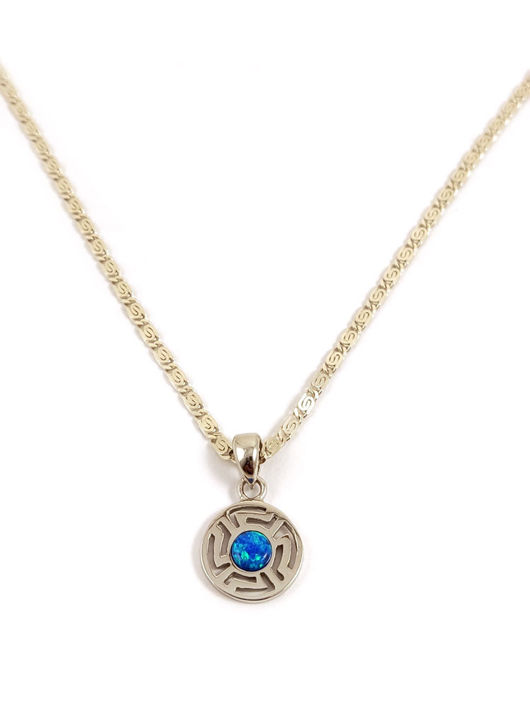 Greek Key Blue Opal Chain Pendant Necklace 13mm