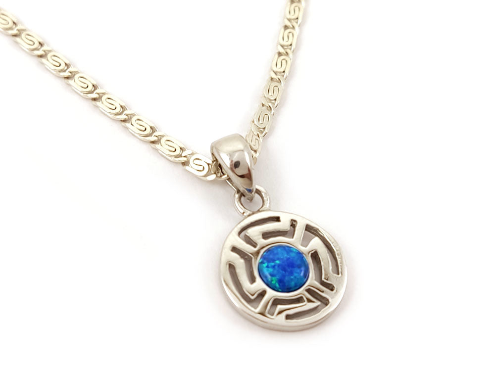 Greek key round silver round pendant with blue opal stone on Greek silver meander chain 2mm.