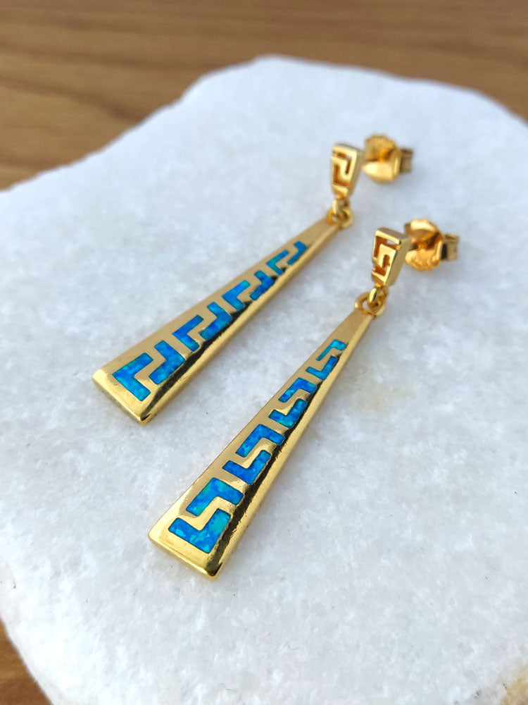 Sterling Silver 925 blue opal Greek Key Meander dangle earrings