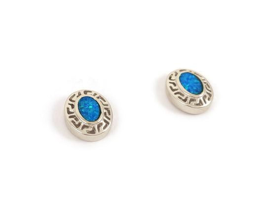 Greek Key Blue Opal Small Oval Silver Earrings 10x8mm