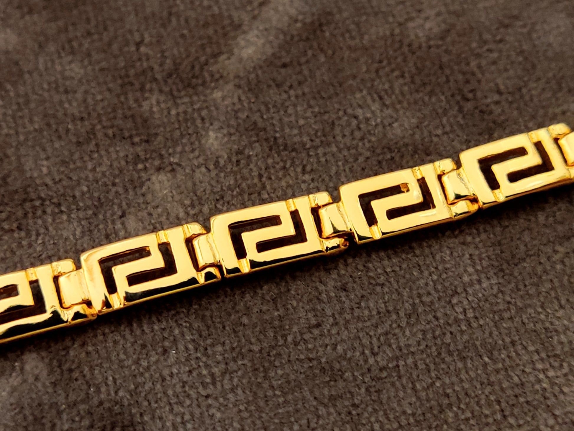 Greek Key silver bracelet with gold plated finish measuring 5mm width.