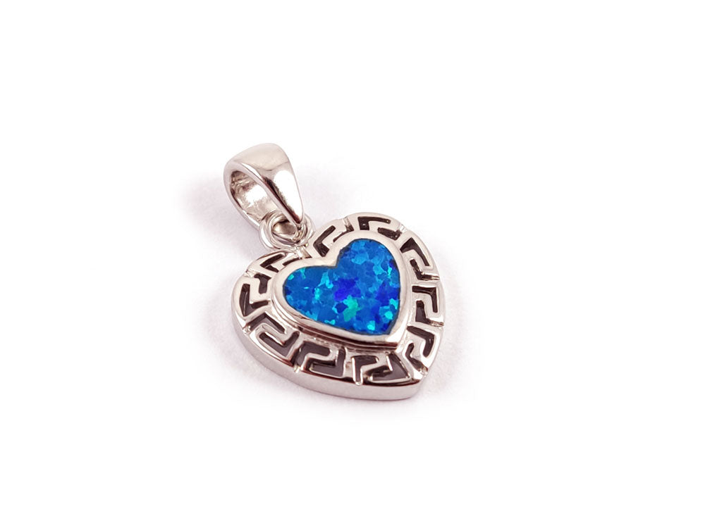 Greek Key Blue Opal Silver Heart Pendant Necklace 15mm