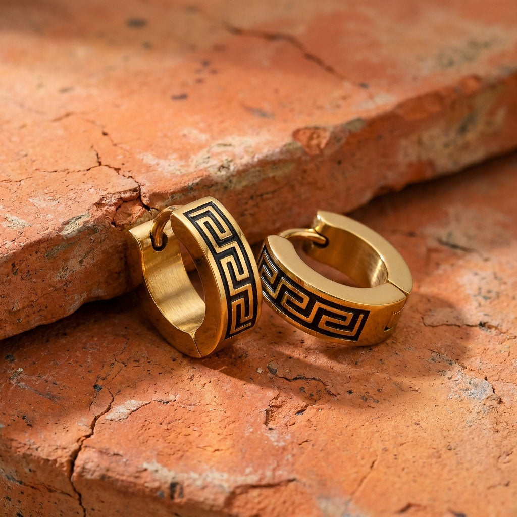 Gold Greek key small hoop earrings close-up