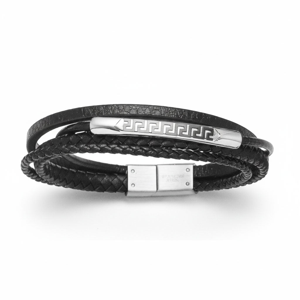 Men's stainless steel and black leather bracelet silver black 13mm