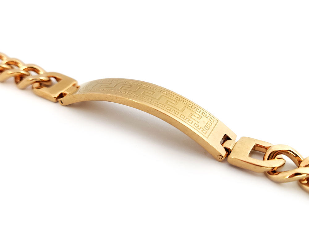 "Close-up of Greek Meander design on gold bracelet – 10 mm width"
