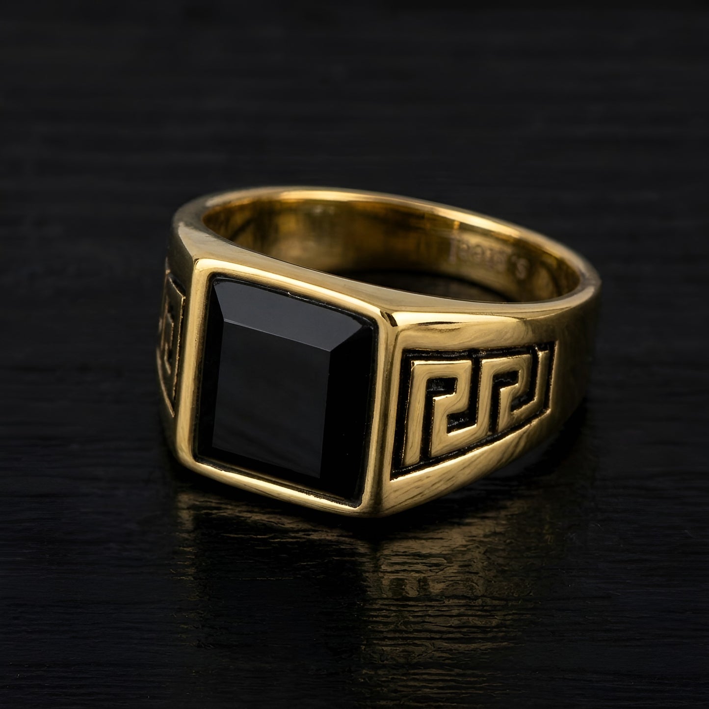 Gold plated Greek Key ring with black onyx stone