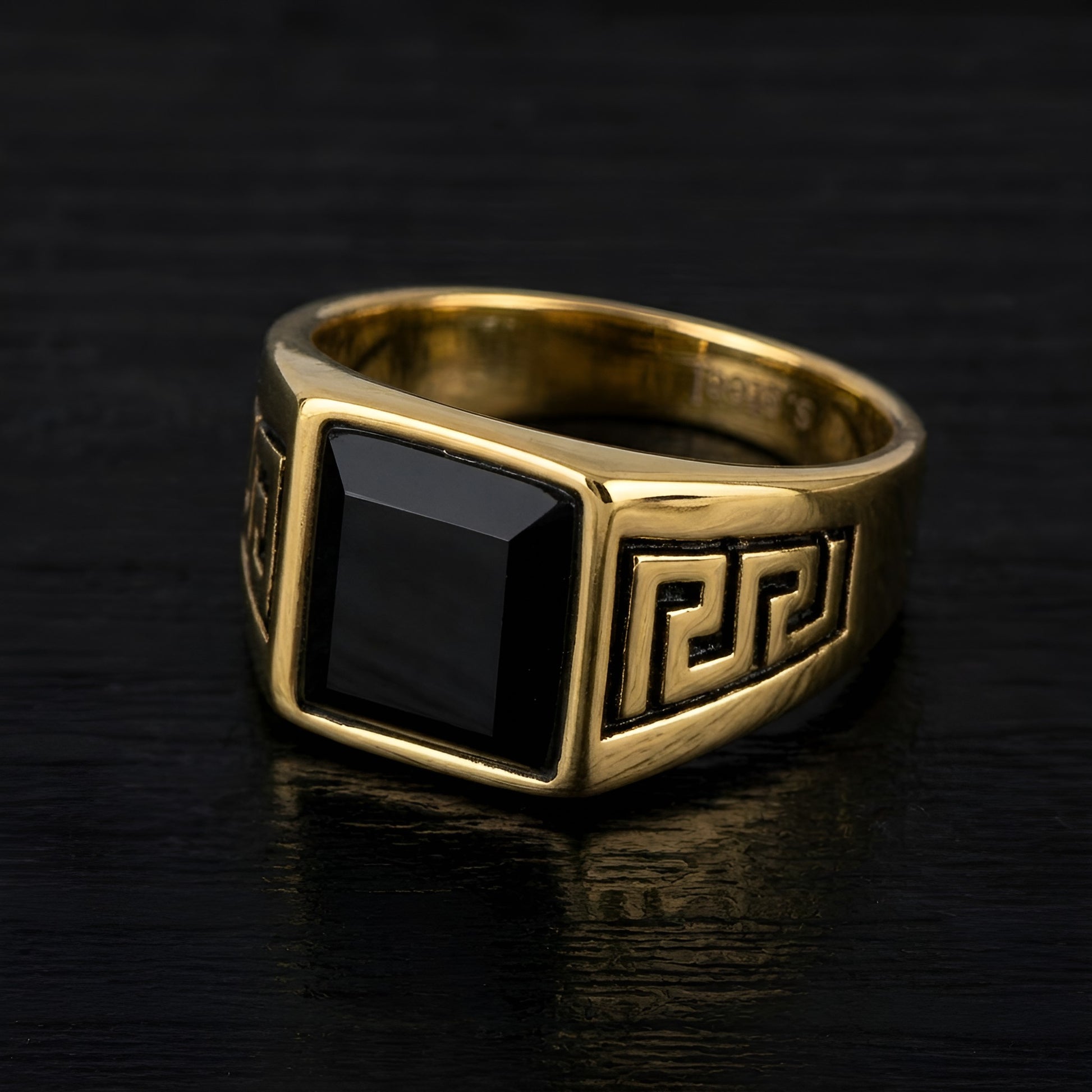 Gold plated Greek Key ring with black onyx stone