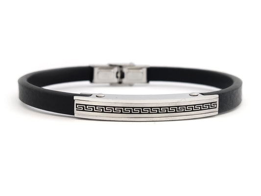 Greek Key Meander stainless steel and genuine leather bracelet – 21 cm length, 6 mm width


