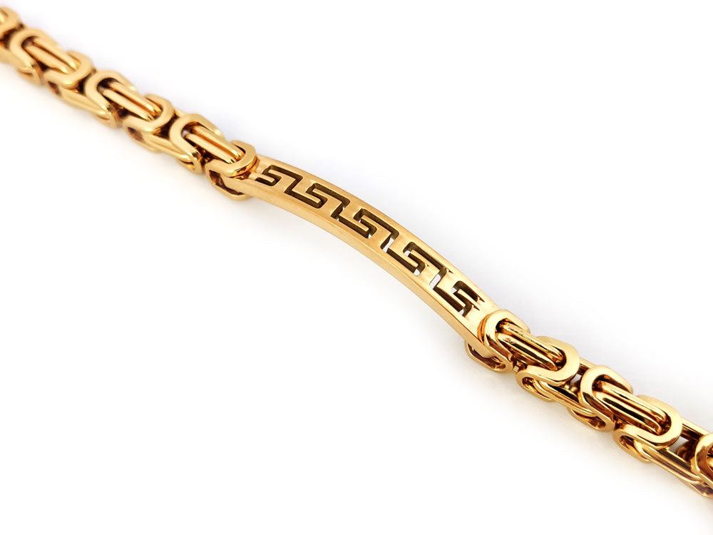 Close-up of Greek Meander design on gold-plated bracelet made in Greece