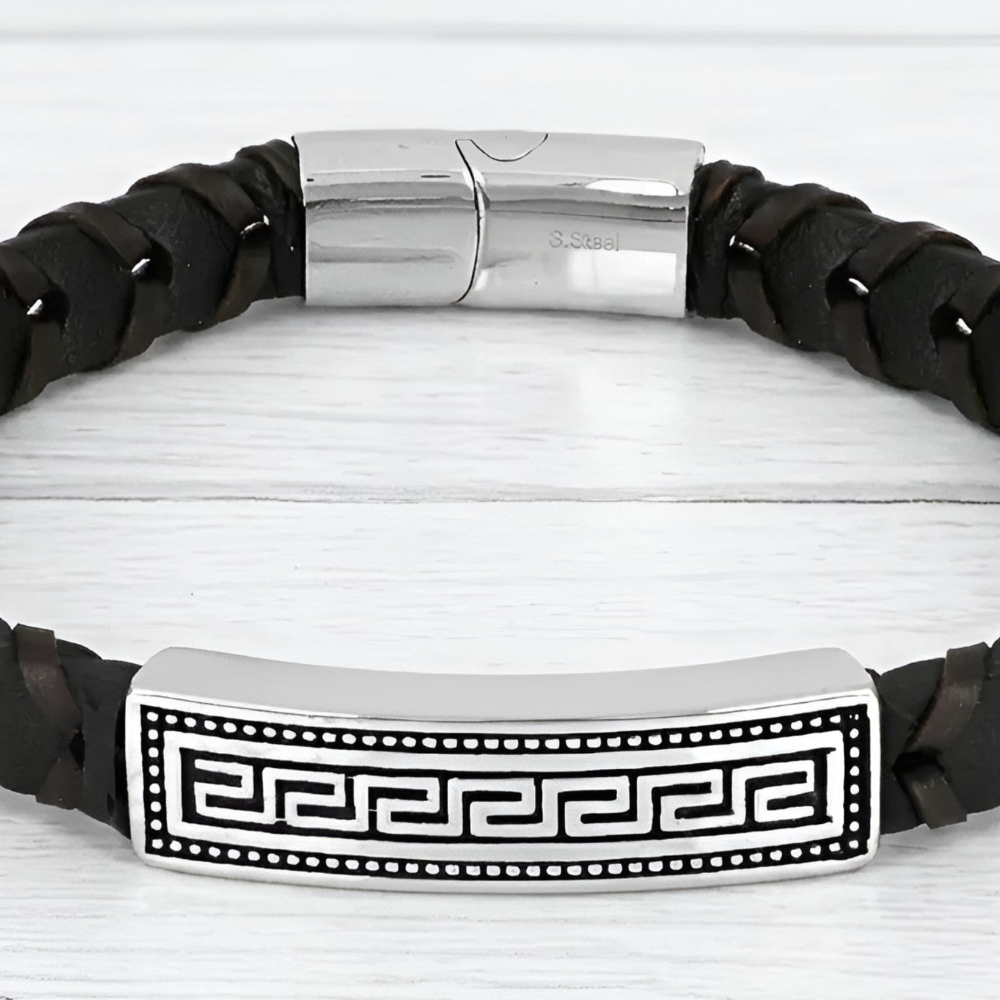 Stainless steel and leather Greek bracelet