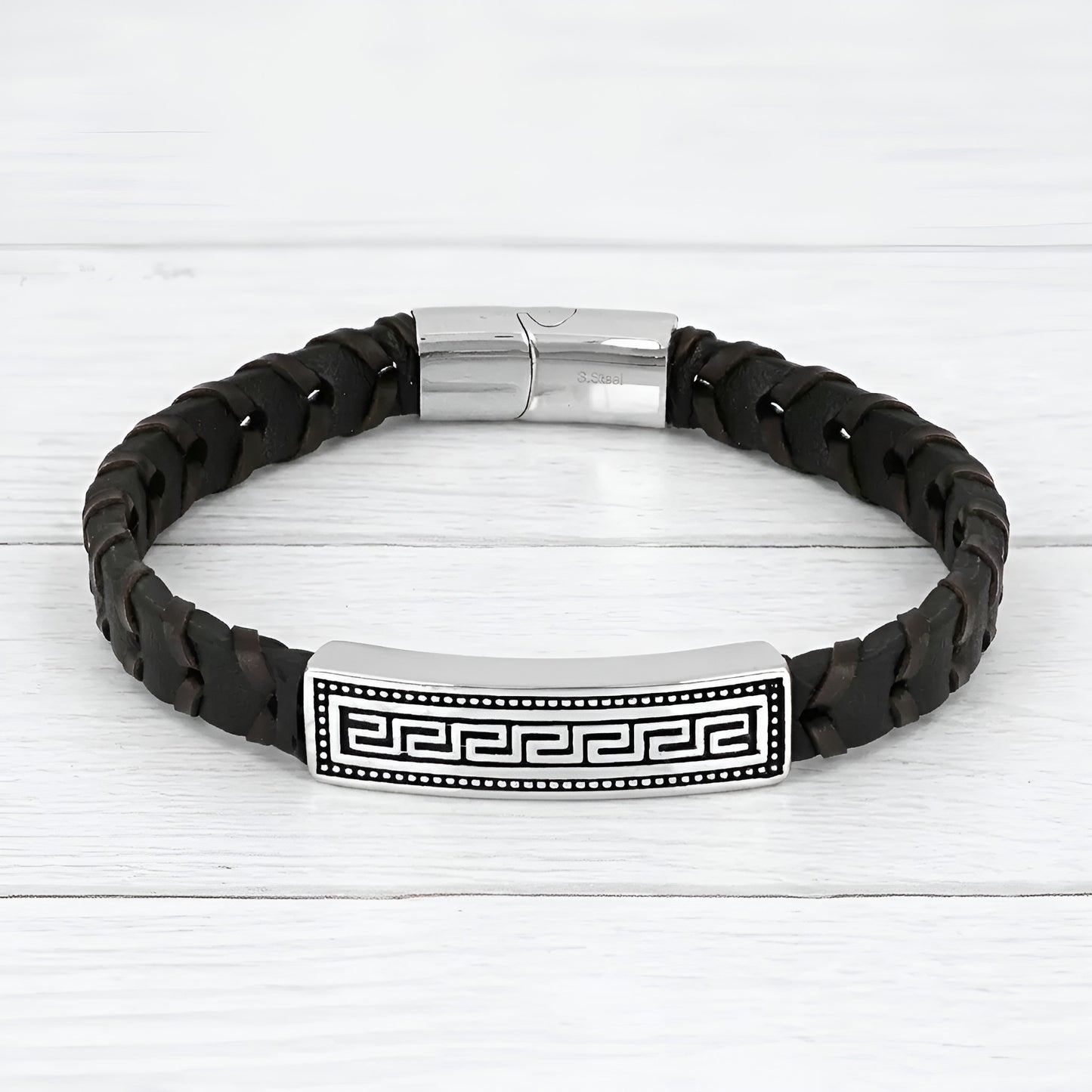 Stainless steel Greek Key black leather bracelet