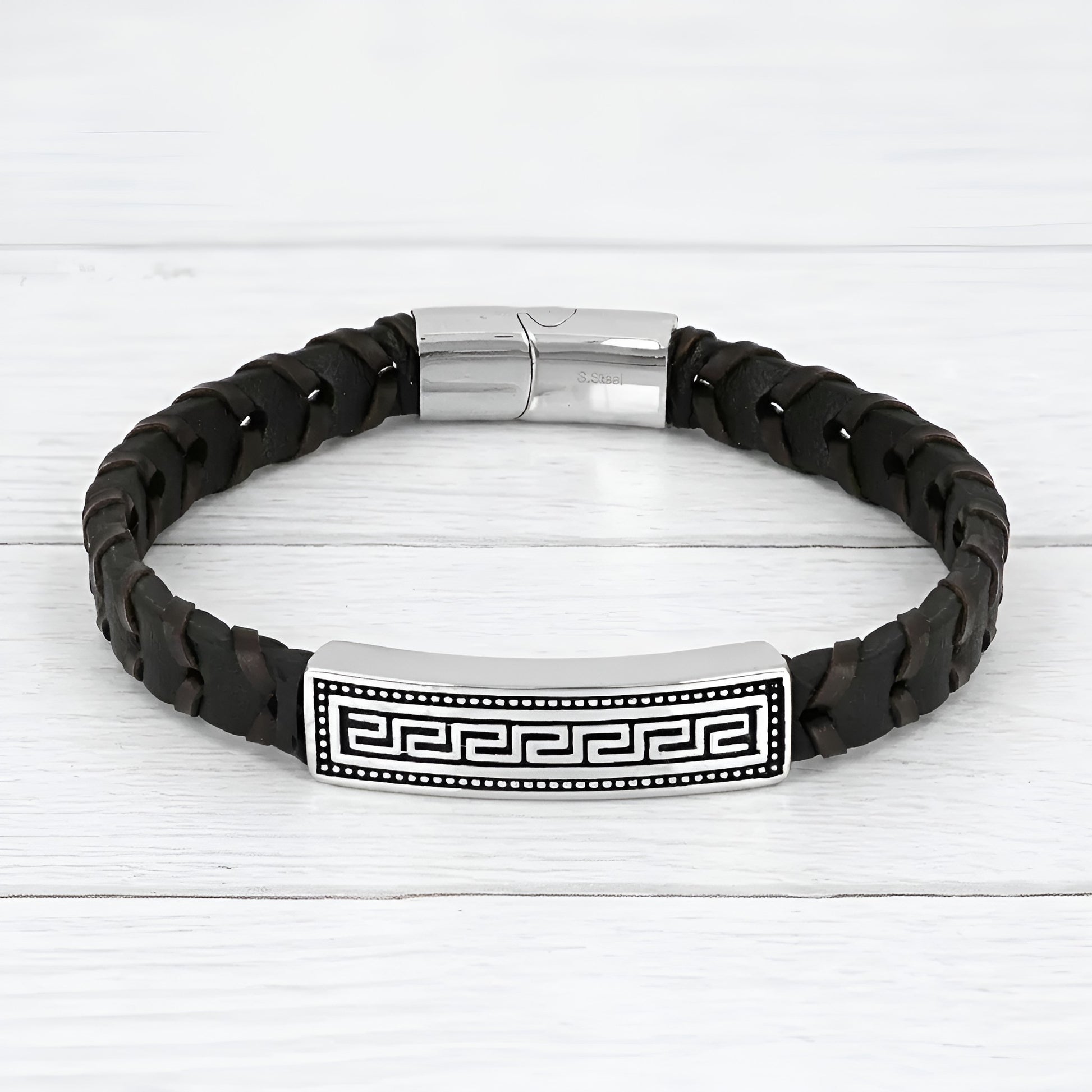 Stainless steel Greek Key black leather bracelet