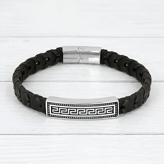 Stainless steel Greek Key black leather bracelet
