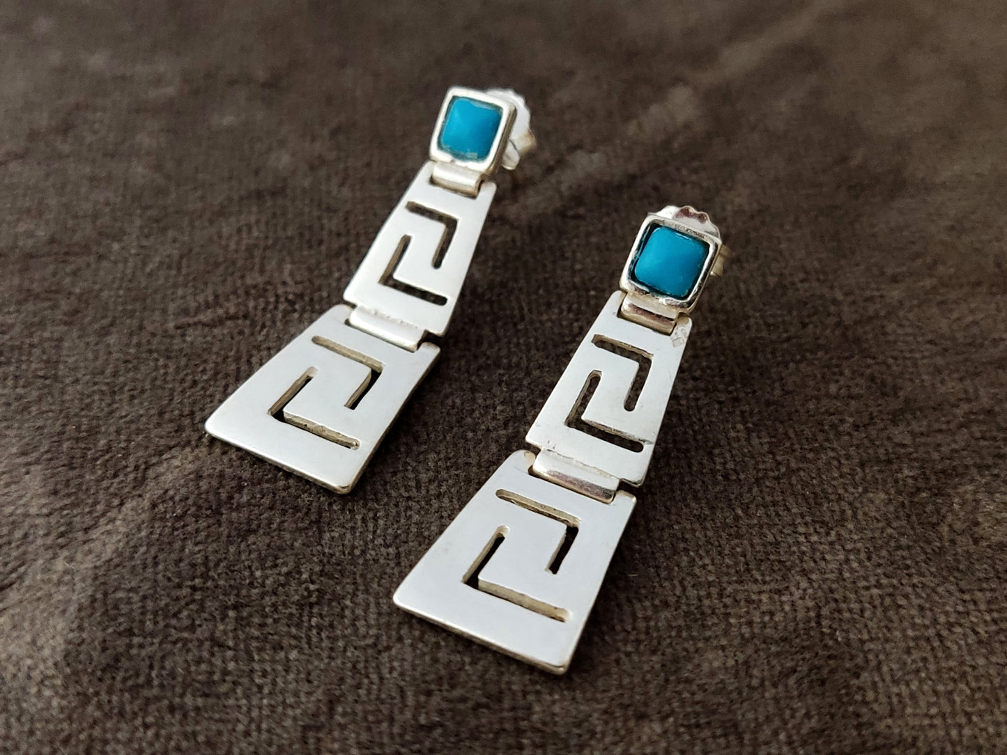 Greek Key silver gradual earrings with turquoise stones.