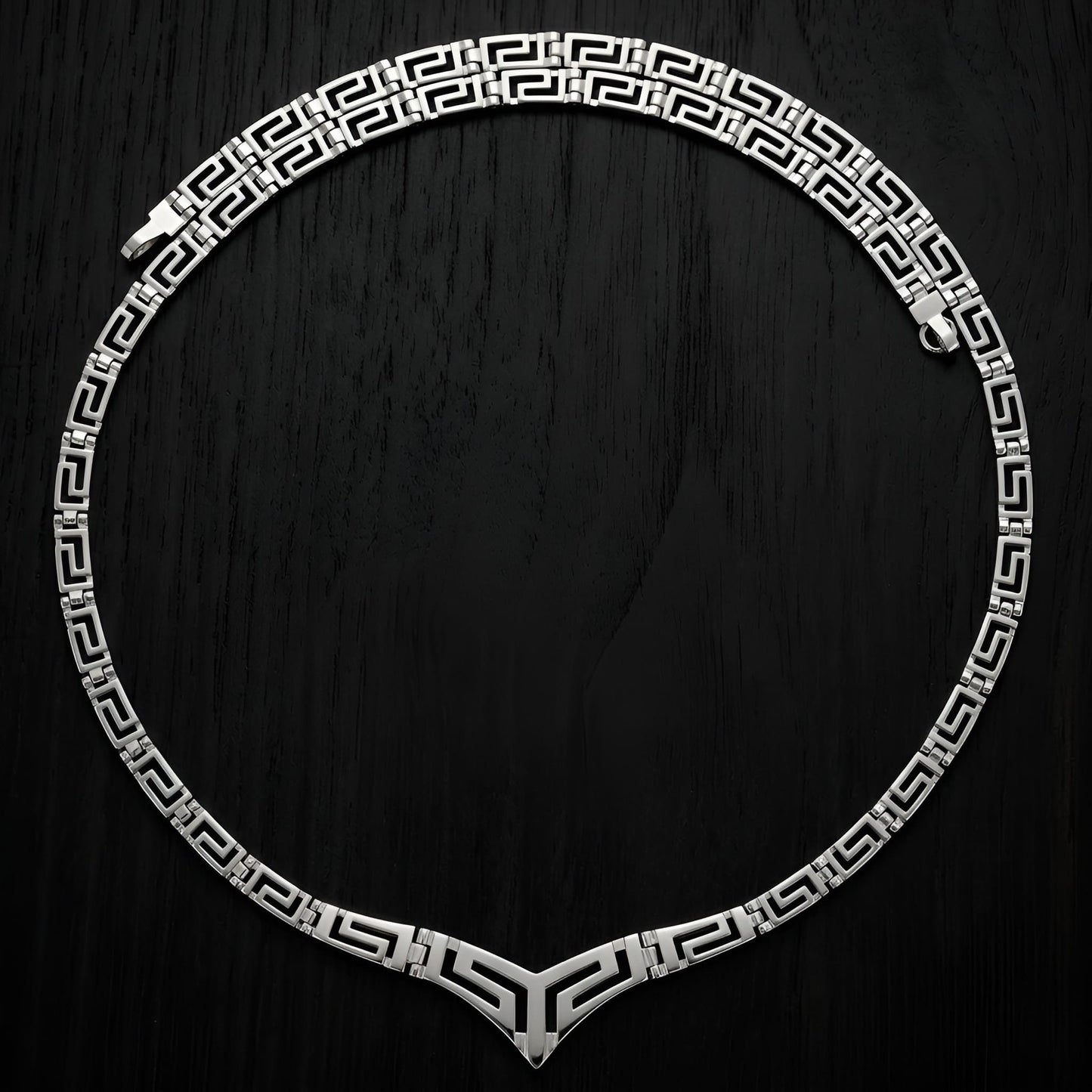 V style Greek silver necklace with Meander design