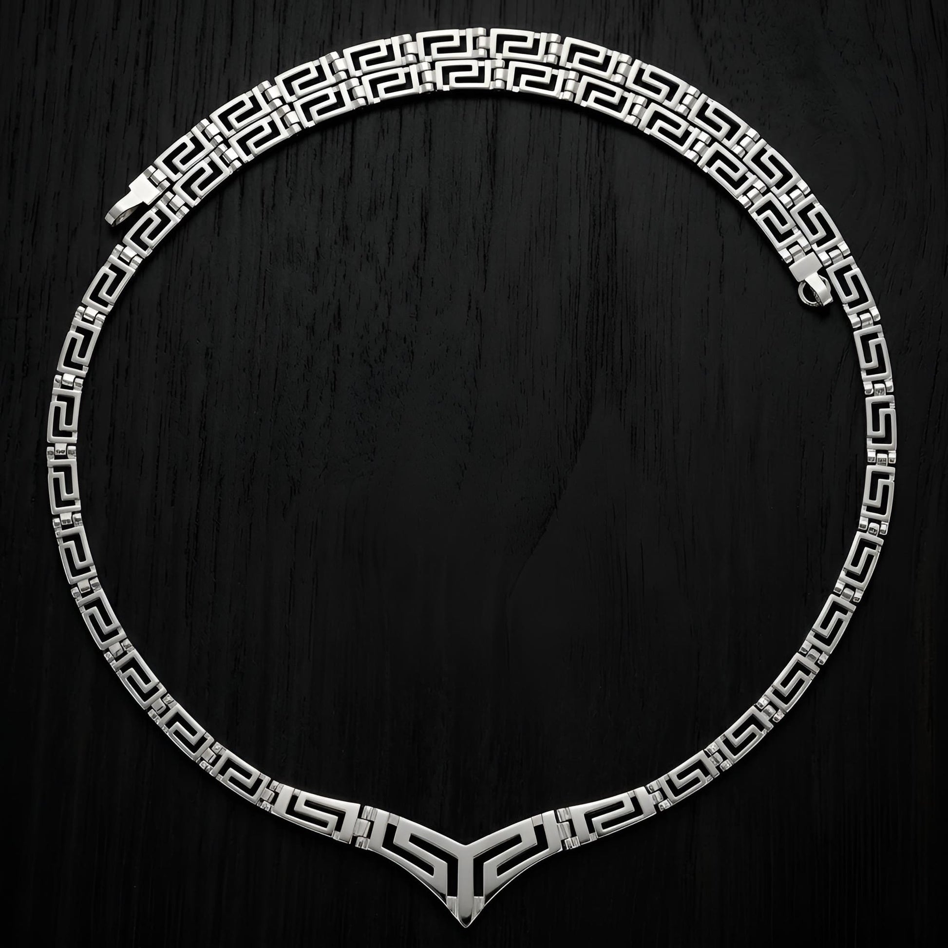 V style Greek silver necklace with Meander design