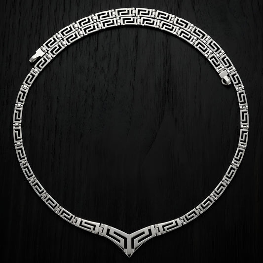 V style Greek silver necklace with Meander design
