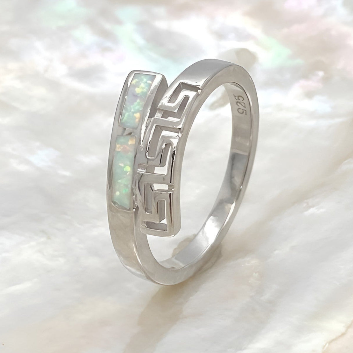 Sterling silver 925 white opal Greek key meander ring