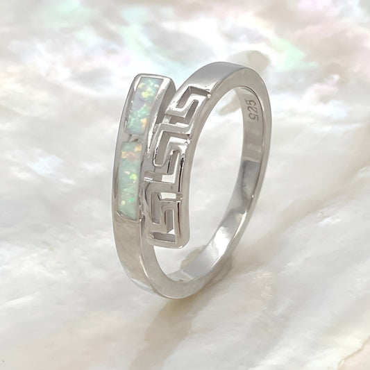 Sterling silver 925 white opal Greek key meander ring