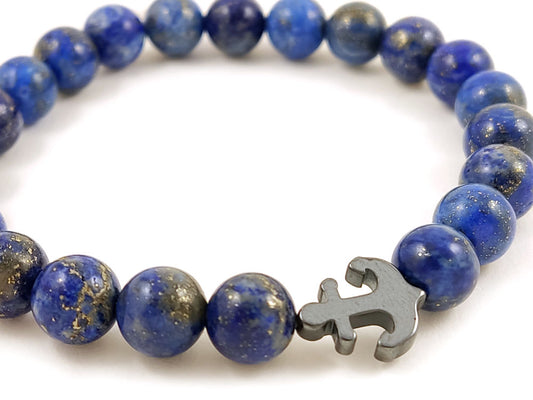 Handmade Greek Lapis Lazuli Stones 8mm And Hematite Anchor Bracelet