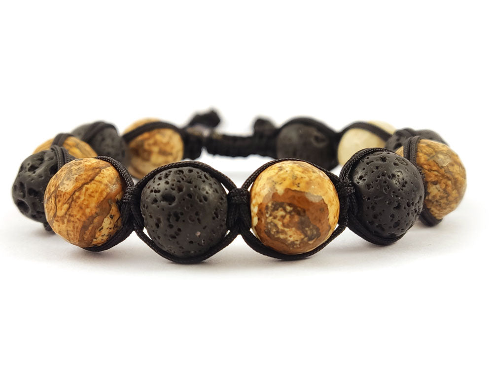 Adjustable lava stone and jasper bracelet close-up