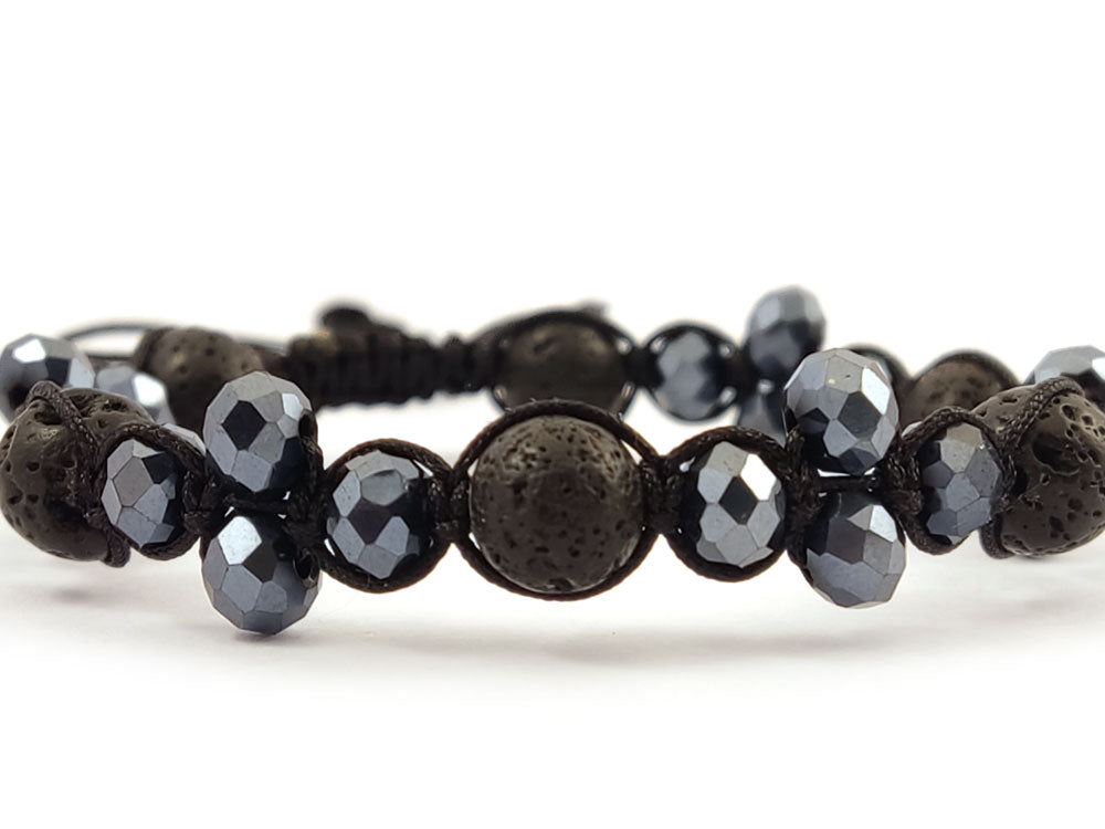 Handmade black lava stone bracelet adjustable cord close-up